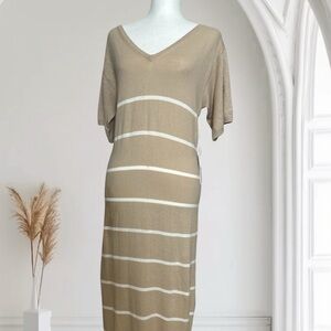 Chic Tan and White Striped V-Neck Midi Dress